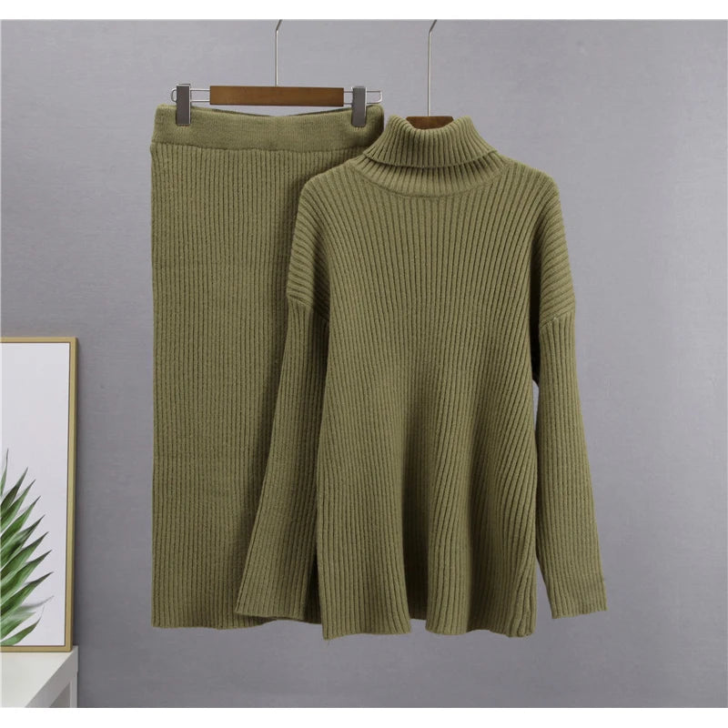 BKQU Turtleneck Sweater Elegant Knitted Skirt Suit Women Autumn Winter Soft Loose Pullover Elastic Slim Midi Skirt Two Piece Set