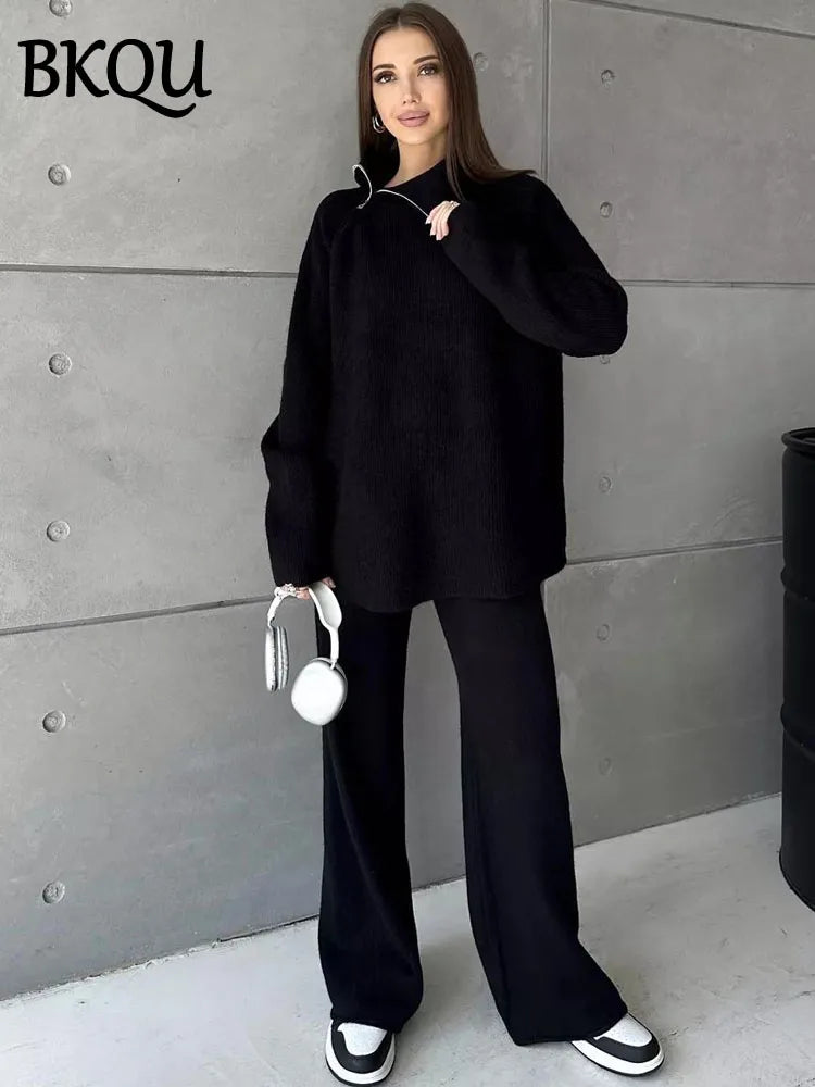 BKQU Turtleneck Zipper Sweater Knitted Pants Two Piece Set Women Autumn Winter Casual Warm Pullover Elastic Wide Leg Tracksuits