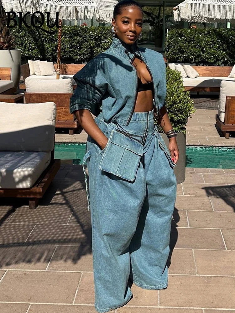 BKQU Fashion Denim Women's Sets Ruched Long Sleeve Zipper Jacket Patchwork Big Pocket Wide Leg Jeans Pants Two Piece Set Hip Hop