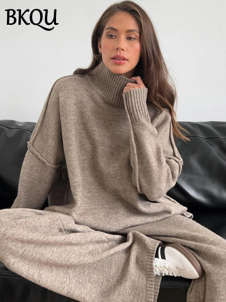 BKQU Casual Knit Two Piece Sets Women Split Turtleneck Long Sleeve Sweater Wide Legs Pants Suit Female Loose Winter Loungewear