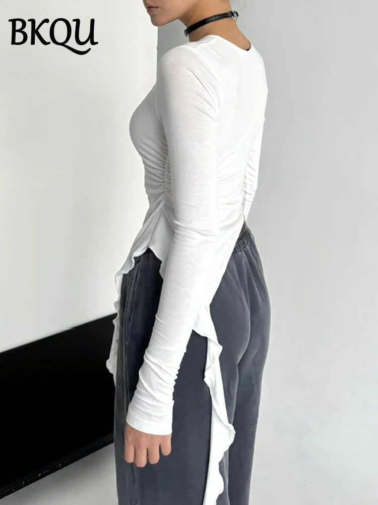 BKQU Ruffles Long Sleeve T-shirt Women Y2K Streetwear Fashion Slim O-neck Crop Tops Elegant Ruched Basic Tees Shirt Autumn 2024