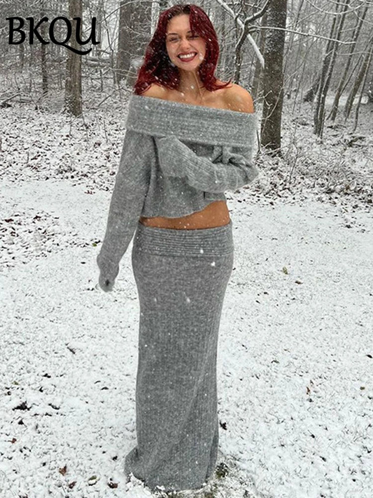 BKQU Knitted Skirt Two Pieces Set Women Sexy One-Shoulder Long Sleeve Sweater Pullover Elegant Long Skirt Suit Autumn Party Wear
