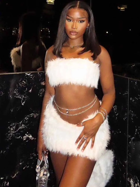BKQU Furry Sexy Two Piece Set Women Strapless Vest Crop Top Bodycon Mini Skirts Elegant Outfits 2025 Party Clubwear Suits Y2K