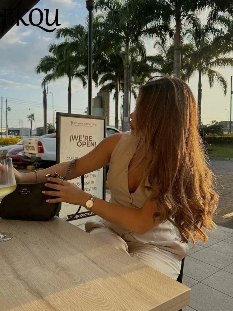 BKQU Linen Cotton Waistcoat ＆ Pants Set Women Single Breasted Sleeveless Vest and Wide Leg Pants Office Lady Casual 2 Pieces Set