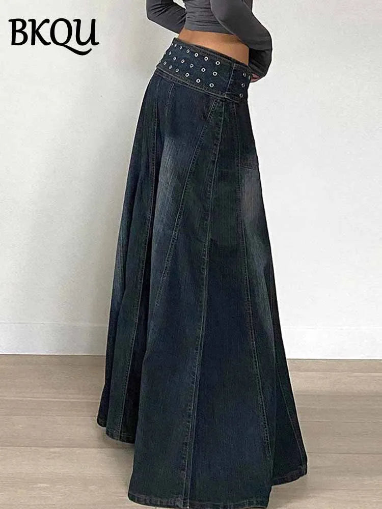 BKQU Vintage Rivet Belt Denim Skirt Women Low Waist A-Line Pockets Long Skirts Aesthetic Casual Y2k Baggy Jean Skirt 2025 Spring