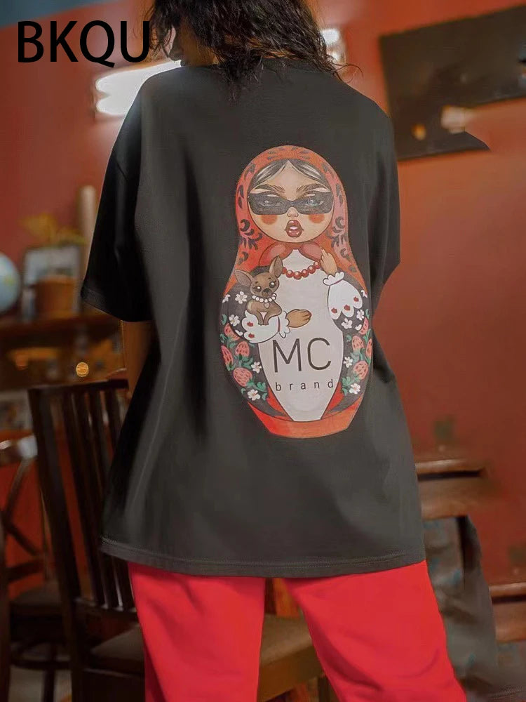 BKQU Cartoon Graphic Printed T Shirt Women Ripped Half Sleeve O-neck Tee Shirts Letter Loose Oversized y2k Pullovers Streetwear