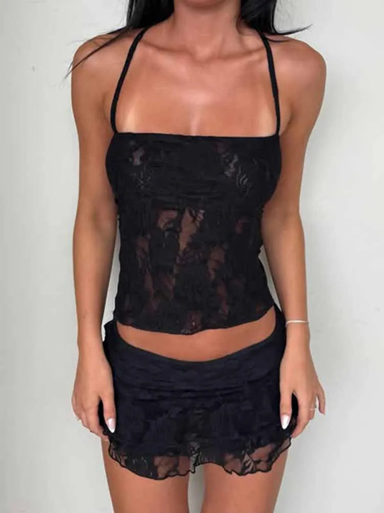 BKQU 2 Piece Set Women Lace Outfits Y2k Sexy Mesh Halter Tie Backless Tank Top Low Waist Ruffle Mini Skirt Suits Party Clubwear