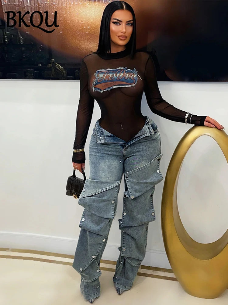 BKQU Fashion Straight Jeans Women's Detachable Button Decoration Denim Wide Leg Pants High Waist Y2K Hipster Streetwear Bottoms