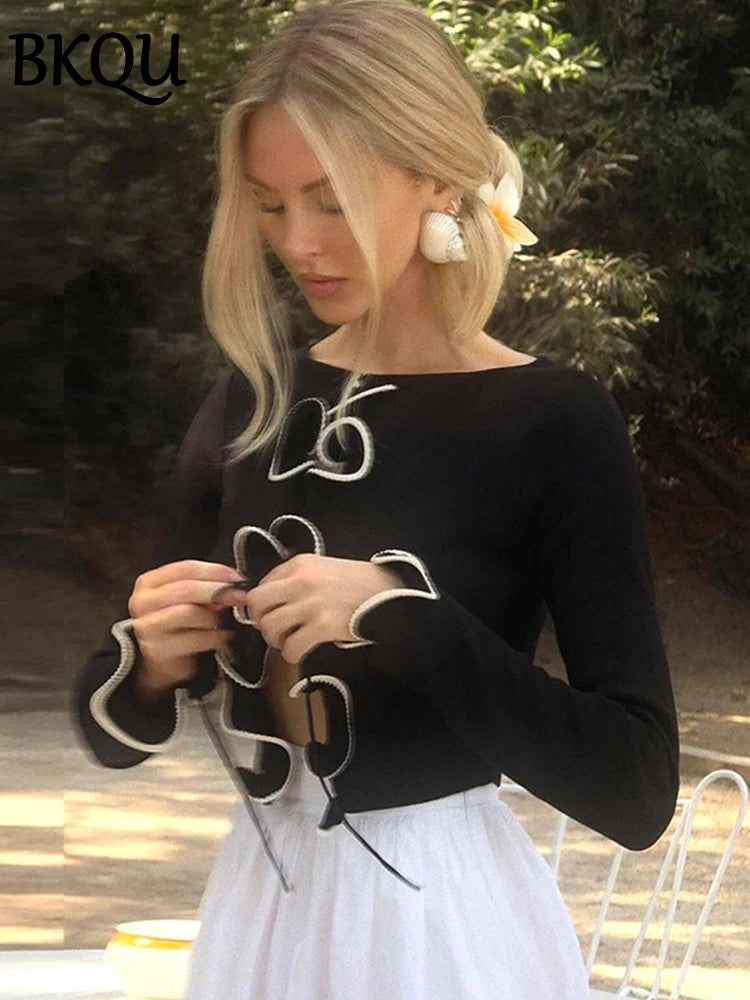 BKQU Elegant Lace Up Cardigan Women Black White Patchwork Long Sleeve Ruffled Slim T-Shirt Hollow Out Sexy Club Party Crop Tops