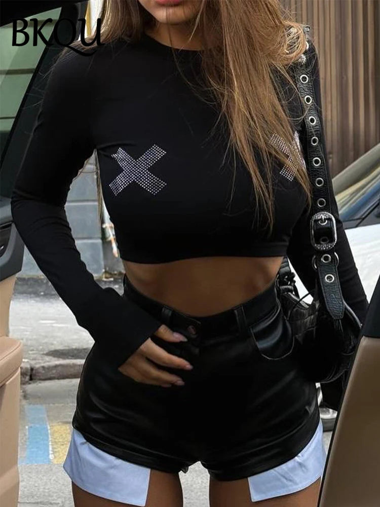 BKQU Graphic Rhinestone Long Sleeve Crop Tops Women Black O-neck Elastic Skinny Diamond T Shirts Y2k Chic Streetwear Tees 2024