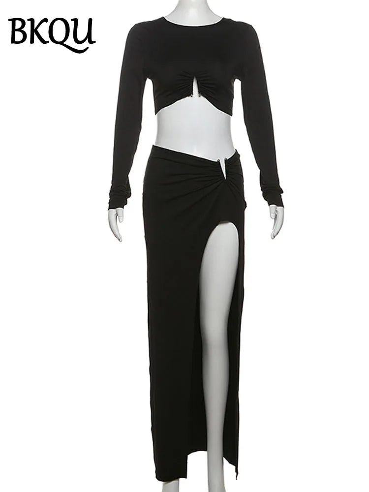 BKQU 2 Pieces Women Skirt Sets Long Sleeve Slim Fit Crop Top High Split Long Skirt Matching Elegant Club Party Sexy Outfits 2025