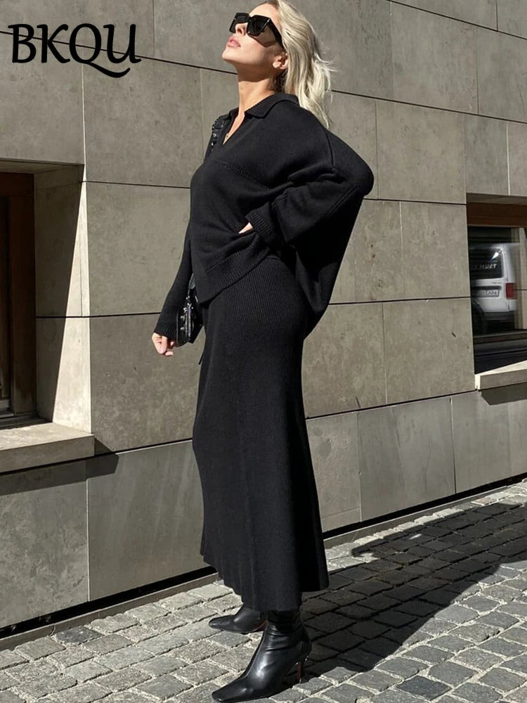 BKQU Knitted Sweater Skirt Two Pieces Set Women Autumn Winter V-neck Loose Pullover Sexy Long Skirts Suits Elegant Party Outfits