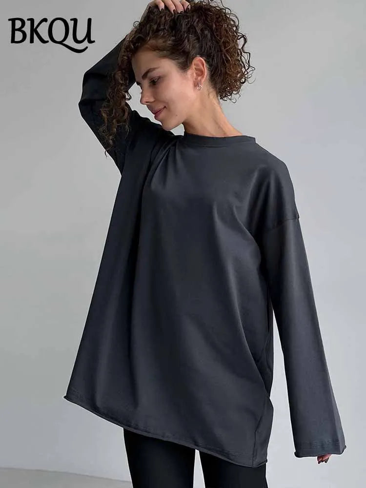 BKQU 100%Cotton T-shirt Women's Classic 2025 Spring O-Neck Long Sleeved Oversize T Shirt  Loose Casual Solid Color Pullover Tops