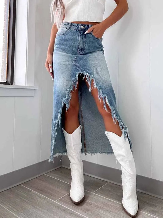 BKQU Irregular Tassels Denim Skirt Women Y2k High Waist Sexy Split Long Skirts 2025 Vintage Streetwear Female Jean Maxi Skirts