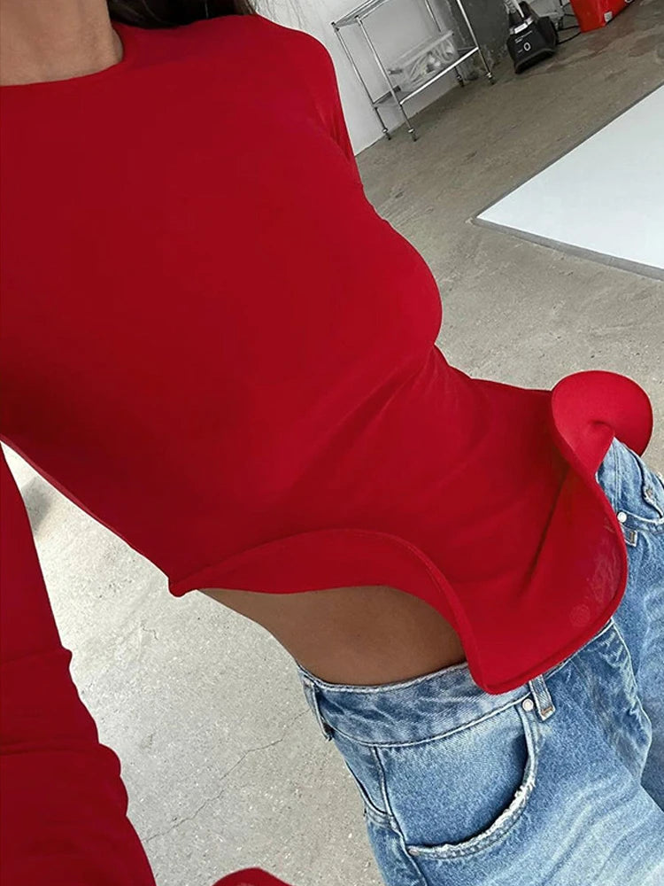 BKQU Elegant Ruffles Women Long Sleeve T-shirt Slim Round Neck Flare Sleeve Crop Tops Autumn Fashion High Street Y2k Pullovers