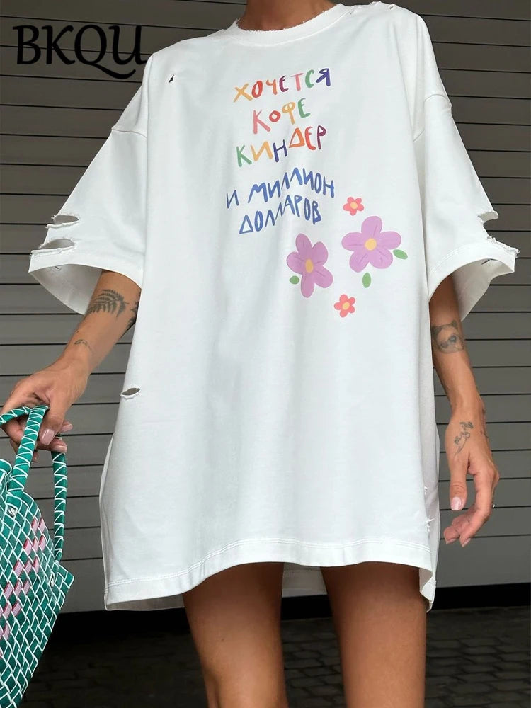 BKQU Cartoon Graphic Printed T Shirt Women Ripped Half Sleeve O-neck Tee Shirts Letter Loose Oversized y2k Pullovers Streetwear