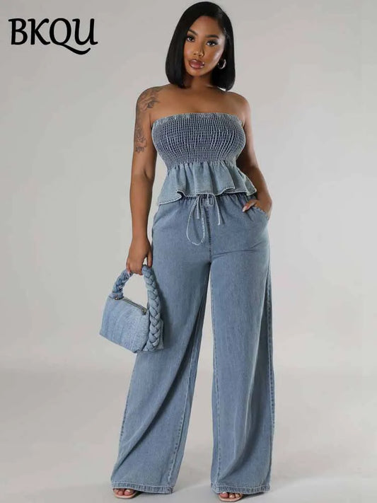 BKQU Denim Women Two Pieces Elegant Strapless Ruffles Top And Wide Leg Pants Matching Set 2025 Fashion Elastic Blue Jeans Outfit