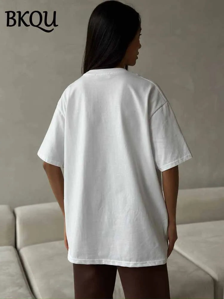 BKQU 2025 Summer Oversize T-shirt Women Bow Three-dimensional Decorative Loose Fashion O Neck Tees Casual Y2K Female Street Tops