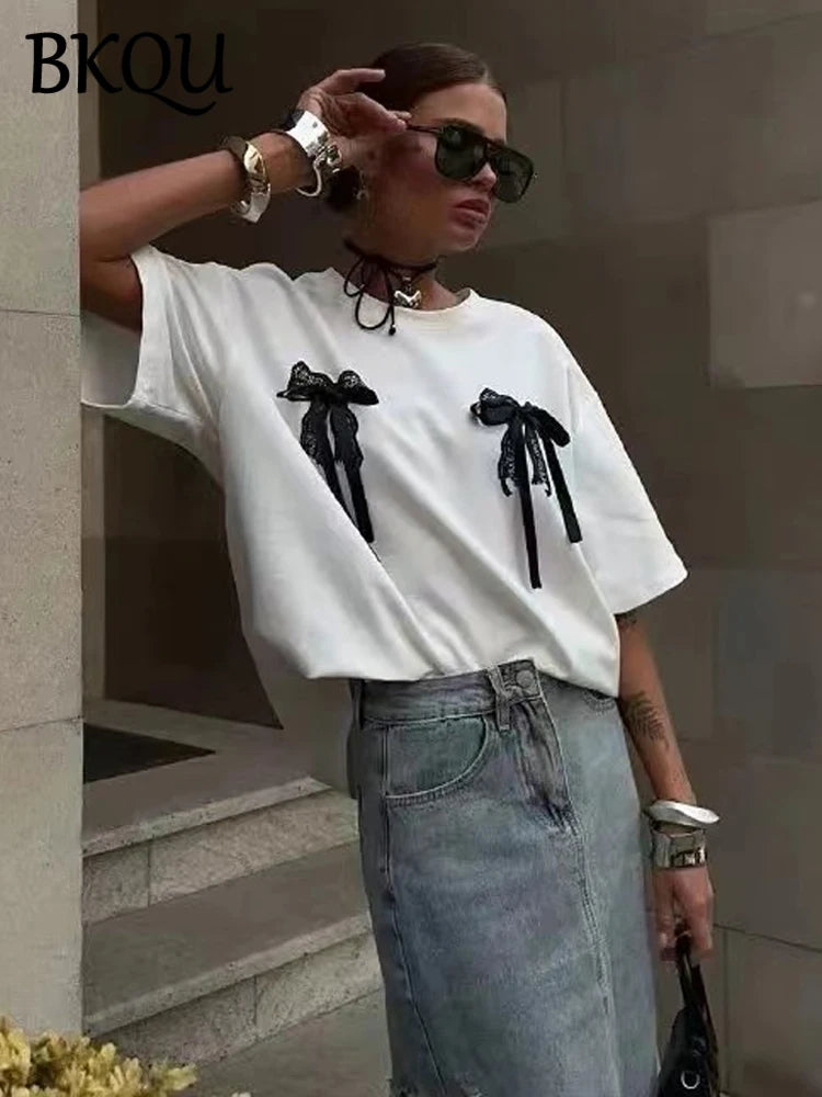 BKQU Summer Printed Short Sleeve T-shirt Women y2k Bow Sweet Basic Loose Crewneck Tees Tops Lady Fashion Clothing 2024