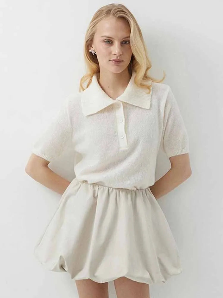 BKQU Knitted Polo Shirt Women Elegant Short Sleeve Loose T-shirt 2025 Summer Multicolour Hollow Out Lapel Knit Pullover Top Y2K