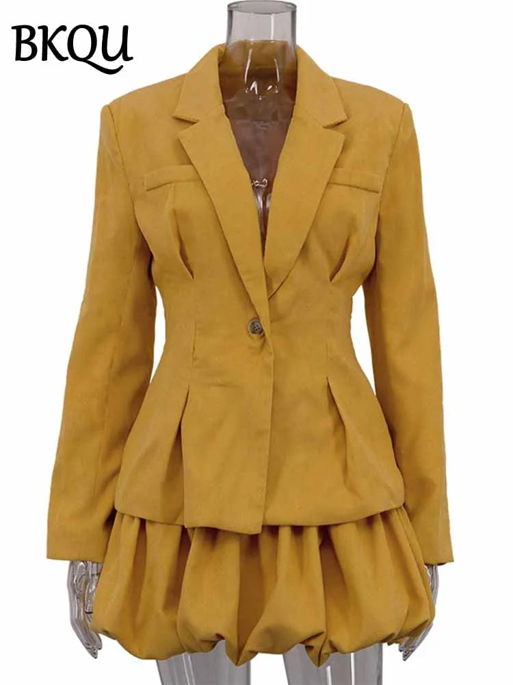 BKQU Elegant Slim Blazer Skirts Set Women 2 Pieces Long Sleeve One Button Coat High Waist Pleated Mini Skirt Sets Fashion 2025