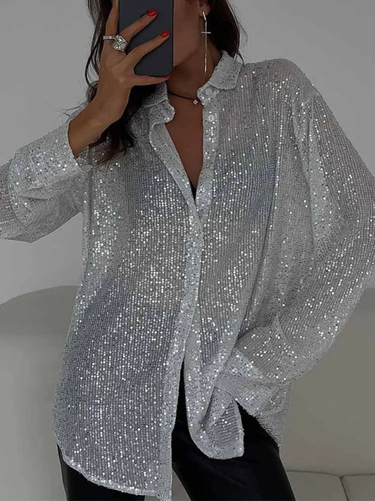 BKQU Fashion Sequin Loose Shirts Women 2025 Spring Long Sleeve Single Breasted Lapel Blouse Tops Luxury Glitter Party Streetwear