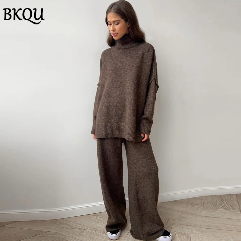 BKQU Women's Knitted Two Piece Pants Set 2024 Autumn Winter Turtleneck Sweater and Wide Leg Long Pants Matching Homewear Suits