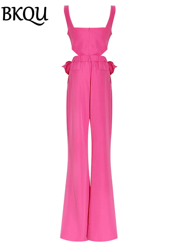 BKQU Trendy Pants Two Pieces Set Women 3D Floral Sexy Hollow Out Vest High Waist Flare Trousers Sets Elegant Lady Party Outfits