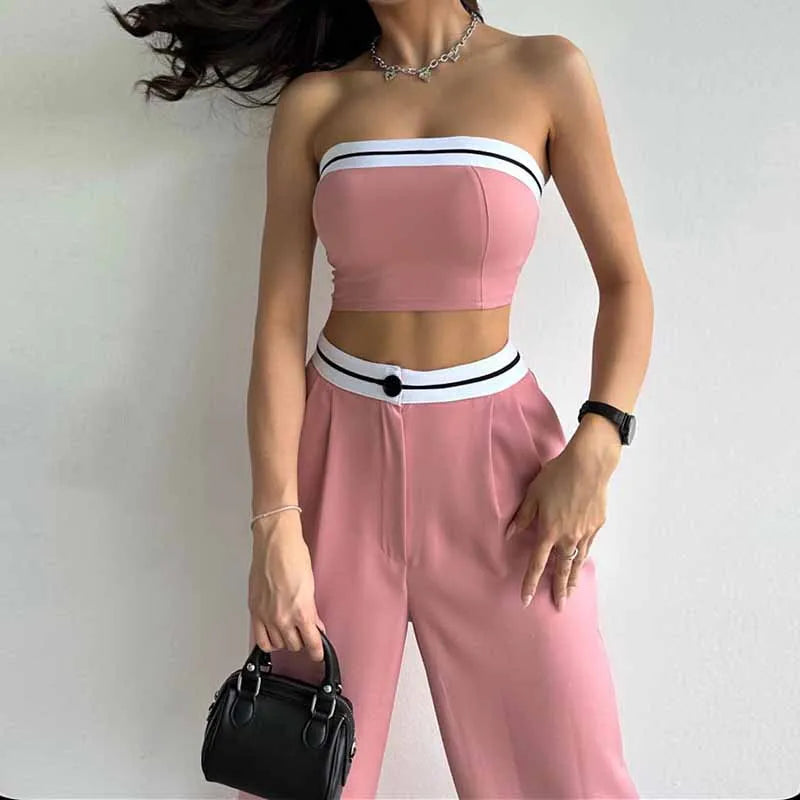 BKQU Strapless Vest Pants 2 Piece Set Women's 2025 Summer Contrast Sports Tube Bra + Wide Leg Trousers Casual Lady Street Outfit
