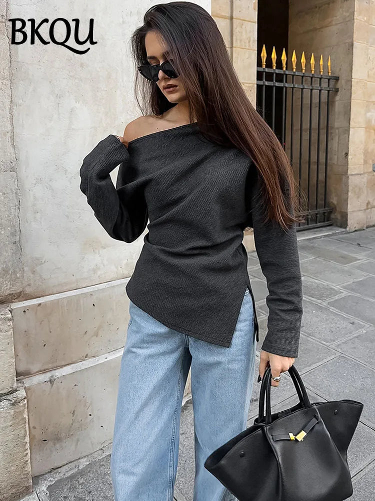 BKQU Off Shoulder Fashion Pullover T-shirt Women Casual Solid Color Knitted Long Sleeve Slim Tees 2025 Spring Elegant Street Top