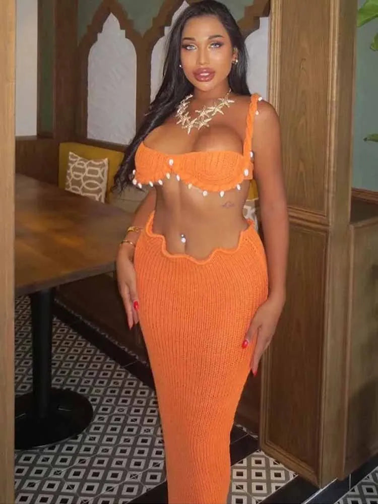 Chic Knitted Bikini Vest Skirt Sets Women Shell Twist Strap Backless Crop Top Hip Package Split Long Skirt 2 Piece Beach Outfits