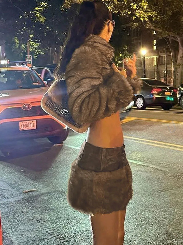 BKQU Leather Splicing Faux Fur 2 Piece Sets Women Autumn Winter Fluffy Warm Lapel Full Sleeve Crop Jacket Low Waist Mini Skirts