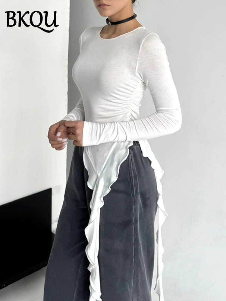BKQU Ruffles Long Sleeve T-shirt Women Y2K Streetwear Fashion Slim O-neck Crop Tops Elegant Ruched Basic Tees Shirt Autumn 2024