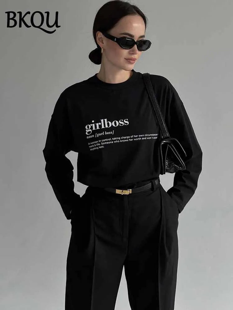 BKQU Letter Printed Women Long Sleeve T-Shirt Cotton Loose O Neck Pullover Tees Casual All-match Female Harajuku Streetwear 2025