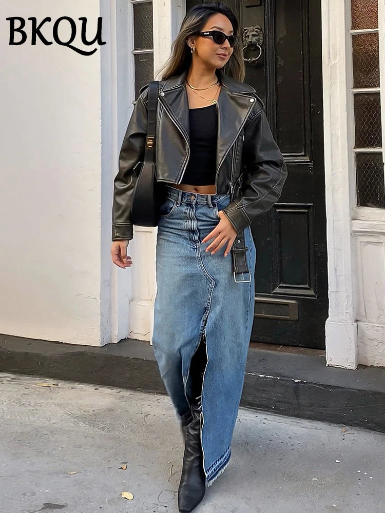 BKQU Split Denim Skirts For Women 2024 Autumn Blue High Waist Wrap Hips Office Lady Long Skirt Elegant Streetwear Wholesale