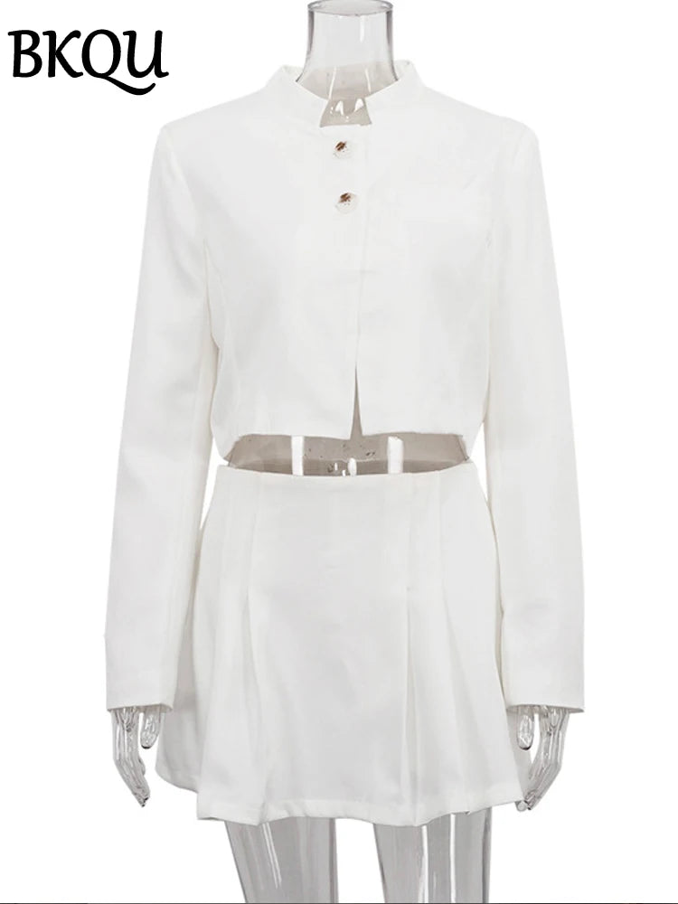 BKQU Elegant Pleated 2 Piece Sets Women Outfit Stand Collar Button Crop Jacket and High Waist Mini Skirt Fashion Slim Office Set