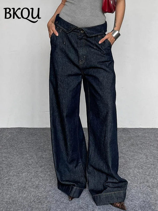 BKQU Straight Jeans Women Streetwear Y2k Fold High Waist Baggy Casual Wide Leg Harajuku Denim Trouser Vintage Grunge Jeans Pants