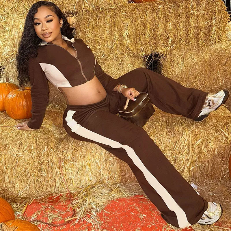 BKQU Patchwork Women Tracksuits Casual 2 Piece Set Long Sleeve Zip-up Jackets Crop Top + High Waist Jogger Pants Street Outfits