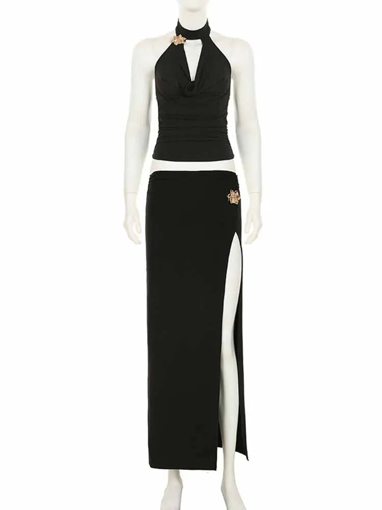 BKQU Summer Vacation Skirt Sets Women Metal Flower Halter Low-Neck Backless Crop Tops High Split Long Skirts Elegant 2 Piece Set