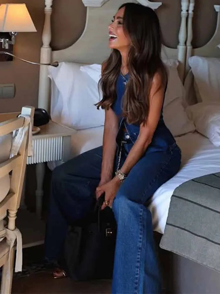 BKQU Elegant Waistcoat Jeans Suit Women 2025 Fashion Single Breasted Sleeveless Slim Vest Denim Wide Leg Pants 2 Piece Sets Lady