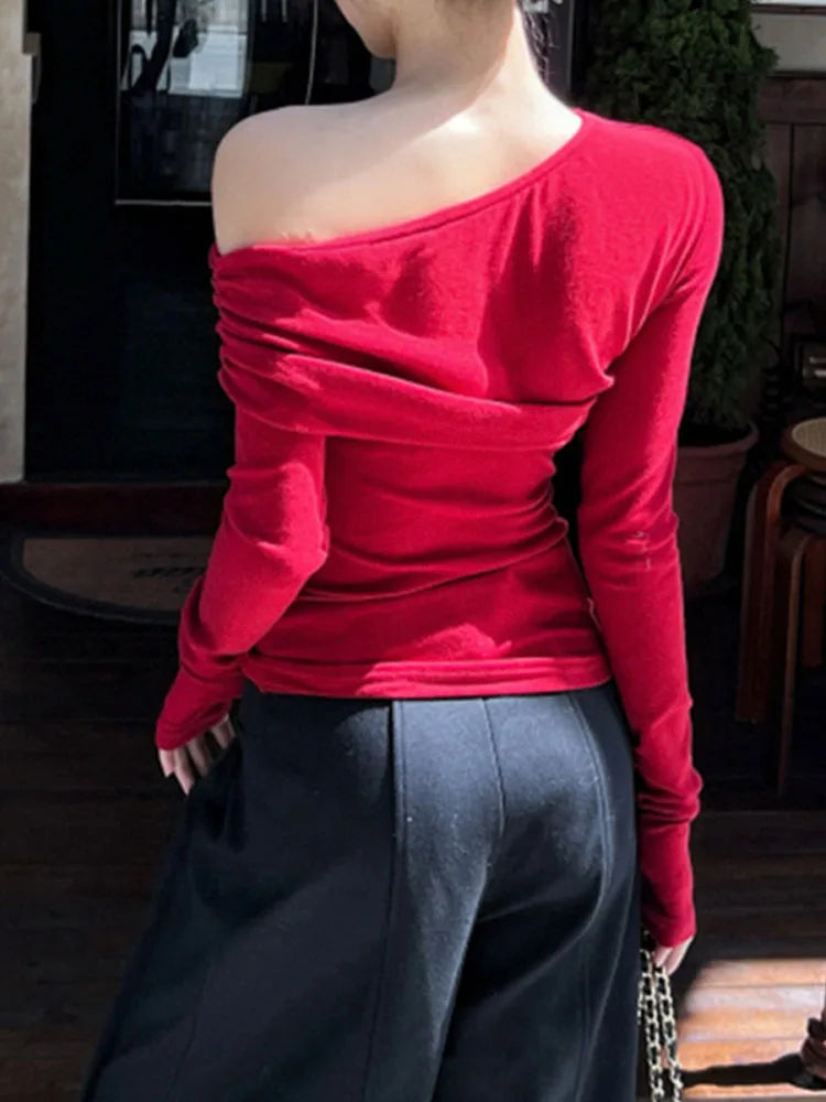 BKQU Red Off Shoulder Long Sleeve T-shirt Women's Elegant Slim Ruched Knitted Pullover Autumn/Winter Sexy Party Cropped Tops Y2k