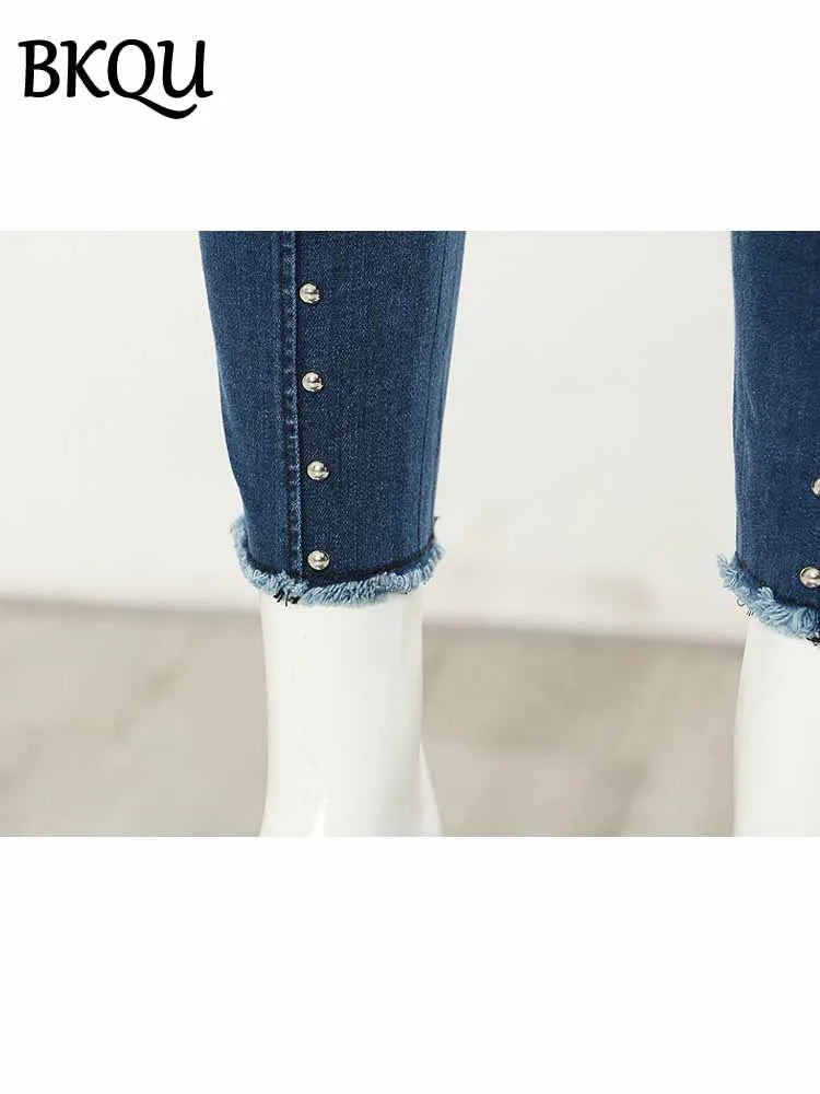 BKQU Skinny Pencil Jeans Women Beaded Decoration Fashion Irregular Waist Stretch Denim Pants 2025 New Elegant Jeans Trousers y2k