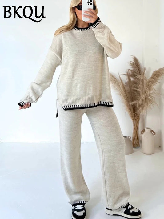 BKQU Knitted Pants Set Women Striped Two Piece Sets Clothes Side Split Sweater and Wide Leg Straight Pants Suit Casual Homewear