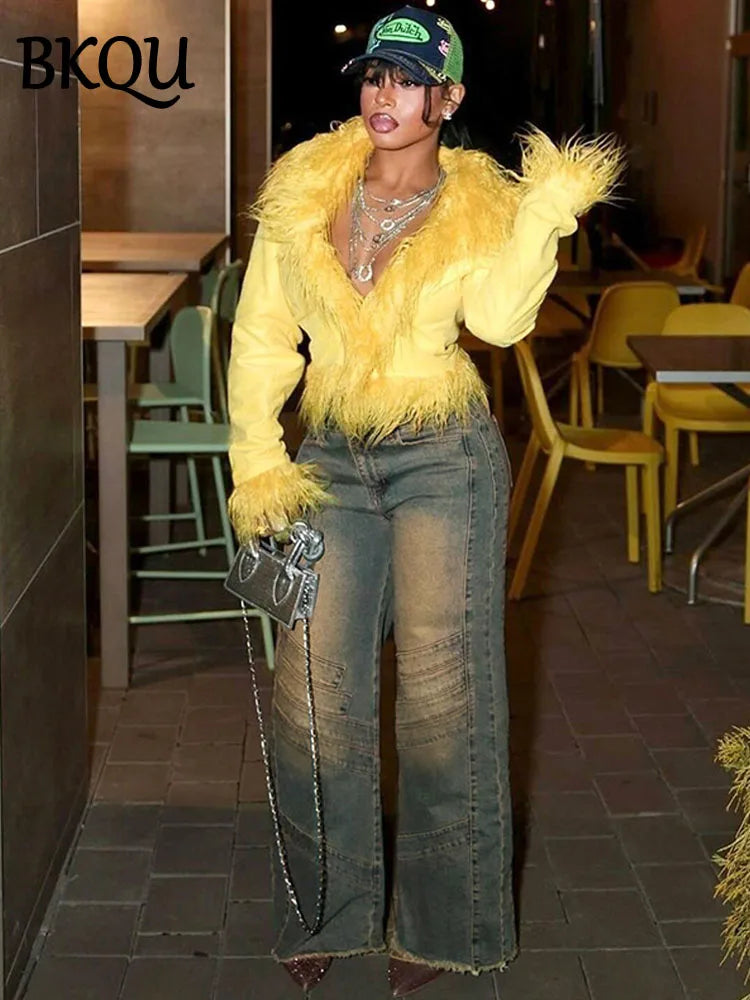 BKQU Vintage Blue Denim Straight Pants Women Patchwork High Waist Fashion Loose Wide Leg Jeans Hip Hop Y2k Party Cargo Trousers