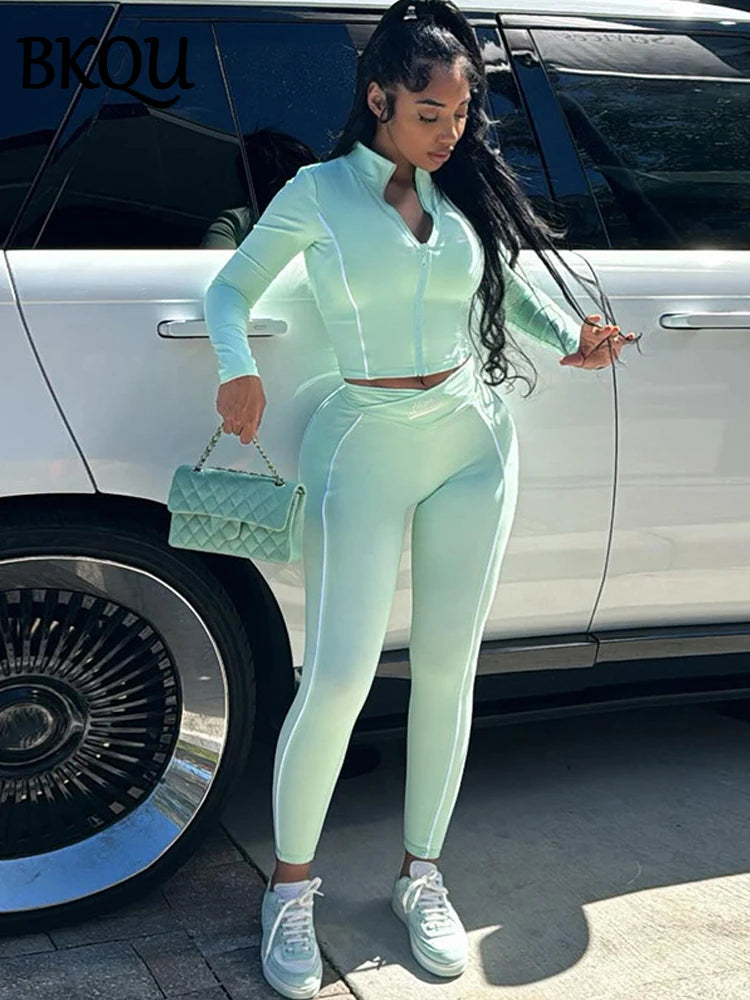 BKQU Patchwork Tracksuit Women 2 Piece Sets Casual Long Sleeve Zip Crop Tops High Waist Leggings Matching Skinny Pants Suit 2024