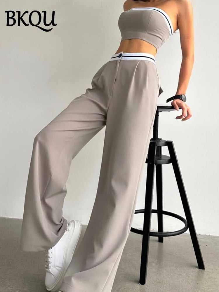 BKQU Strapless Vest Pants 2 Piece Set Women's 2025 Summer Contrast Sports Tube Bra + Wide Leg Trousers Casual Lady Street Outfit