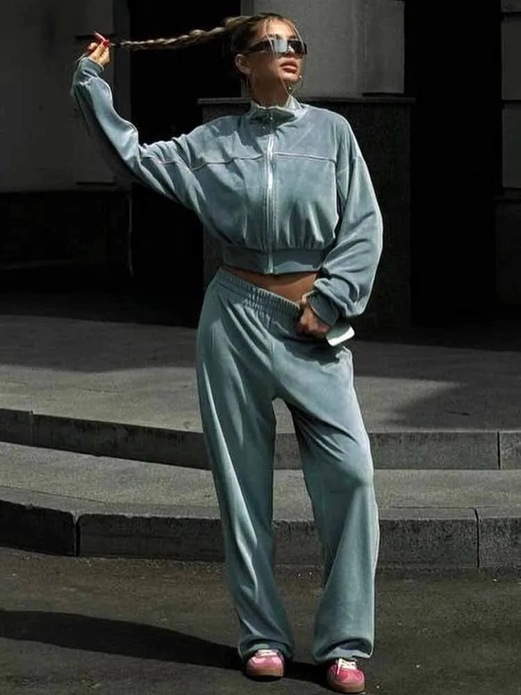 BKQU Women Sweatshirt Pants Suit Casual Stand Collar Zip-Up Jackets Loose Elastic Waist Pants Set Female 2025 Velvet Tracksuits