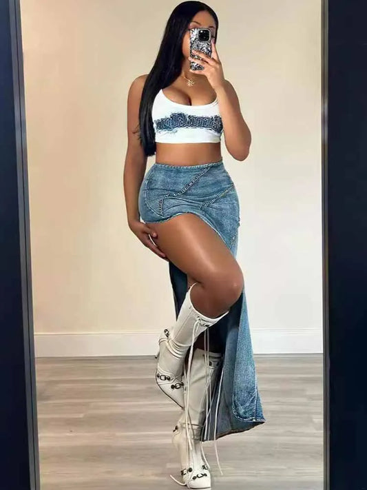 BKQU Irregular Sexy High Split Denim Skirt Women 2025 Summer Blue Fashion Bodycon Zipper Jean Long Skirt Vintage Hipster Bottoms