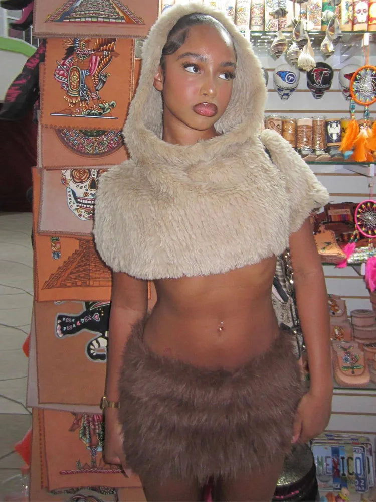 BKQU Faux Fur 3 Piece Skirt Set Women Hooded Crop Coat+Strapless Vest+Mini Skirt Outfit Midnight Party Y2K Furry Warm Streetwear