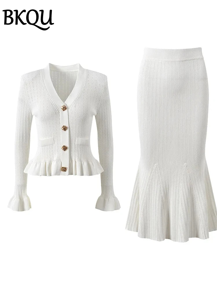 BKQU 2 Pieces Elegant Knit Women's V-neck Ruffles Single Breasted Sweater Slim Long Mermaid Skirt Set Winter Luxury Party Outfit